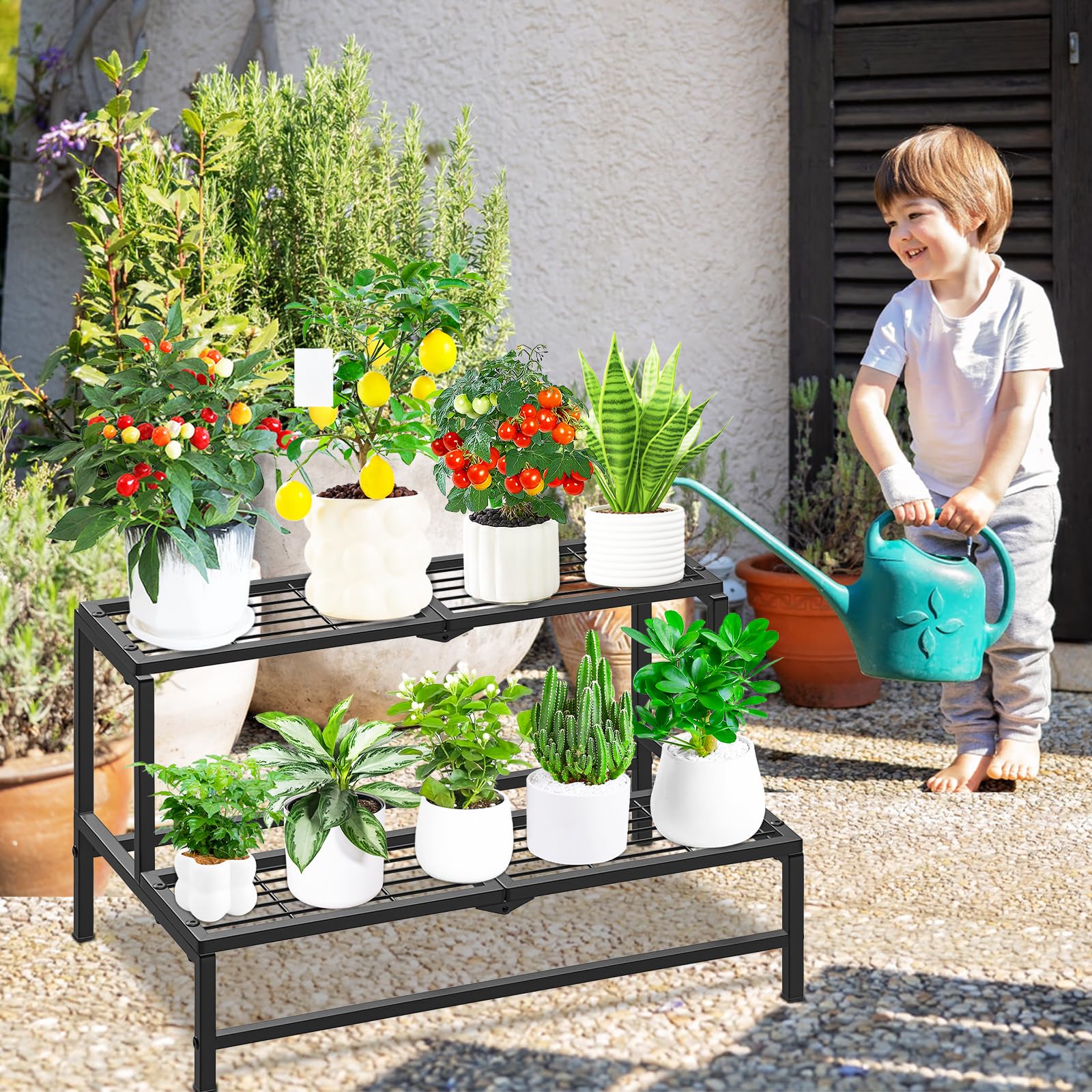 KHayRovies plant stand in use on patio holding assorted pots to maximize sunlight access
