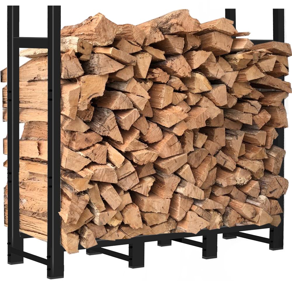 Khordin front view of 4ft firewood rack showing sturdy steel frame and capacity benefit