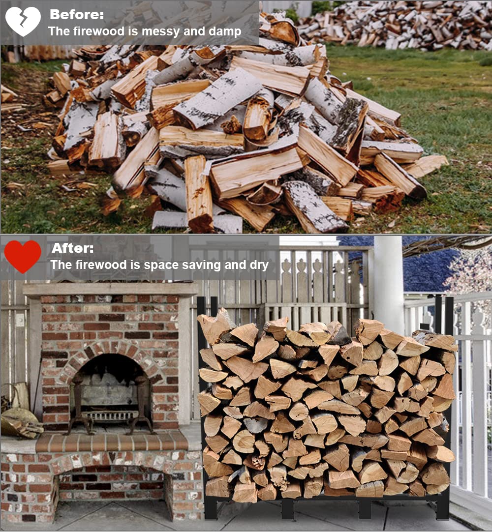 Khordin loaded firewood rack with stacked logs showing high capacity and easy access benefit