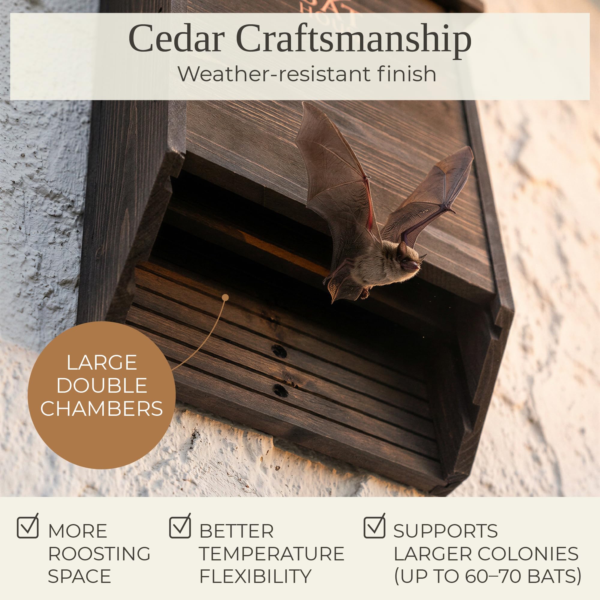 KIBAGA bat house under an eave showing mounted option benefit: protected placement