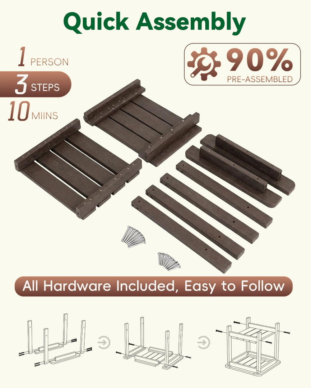 Kibaso laid-out hardware and parts showing included easy-assembly kit