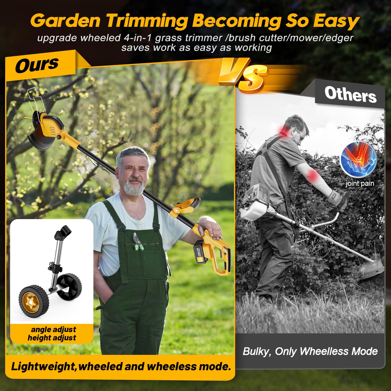 Kidovin lifestyle shot in garden showing quiet, ergonomic yard work