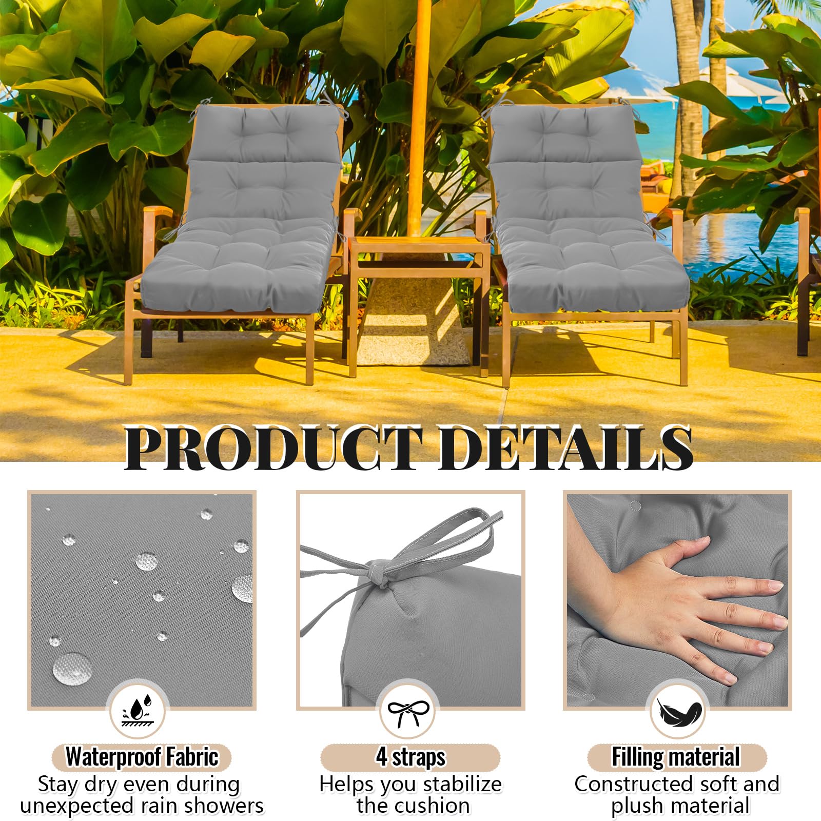 Kigley chaise cushion in use poolside offering plush relaxation and weather readiness
