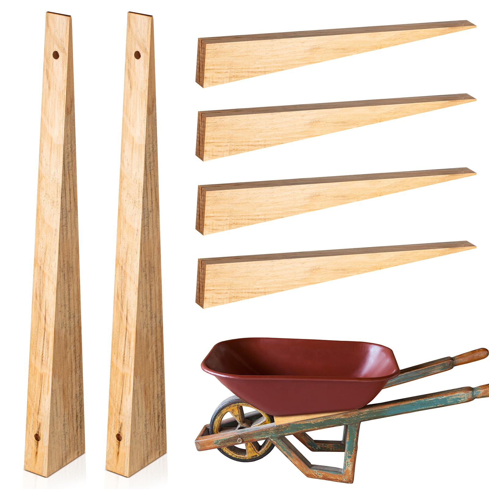 Kigley front view of package showing four pine wheelbarrow wedges for secure parking