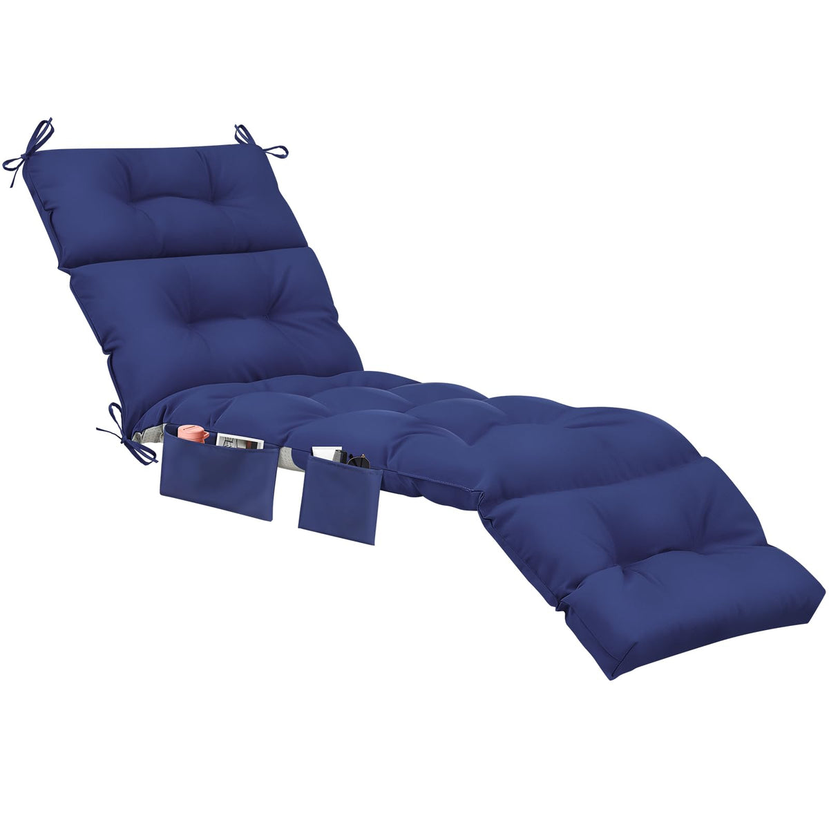Kigley front view of both navy chaise cushions showing full coverage and tufting for comfort