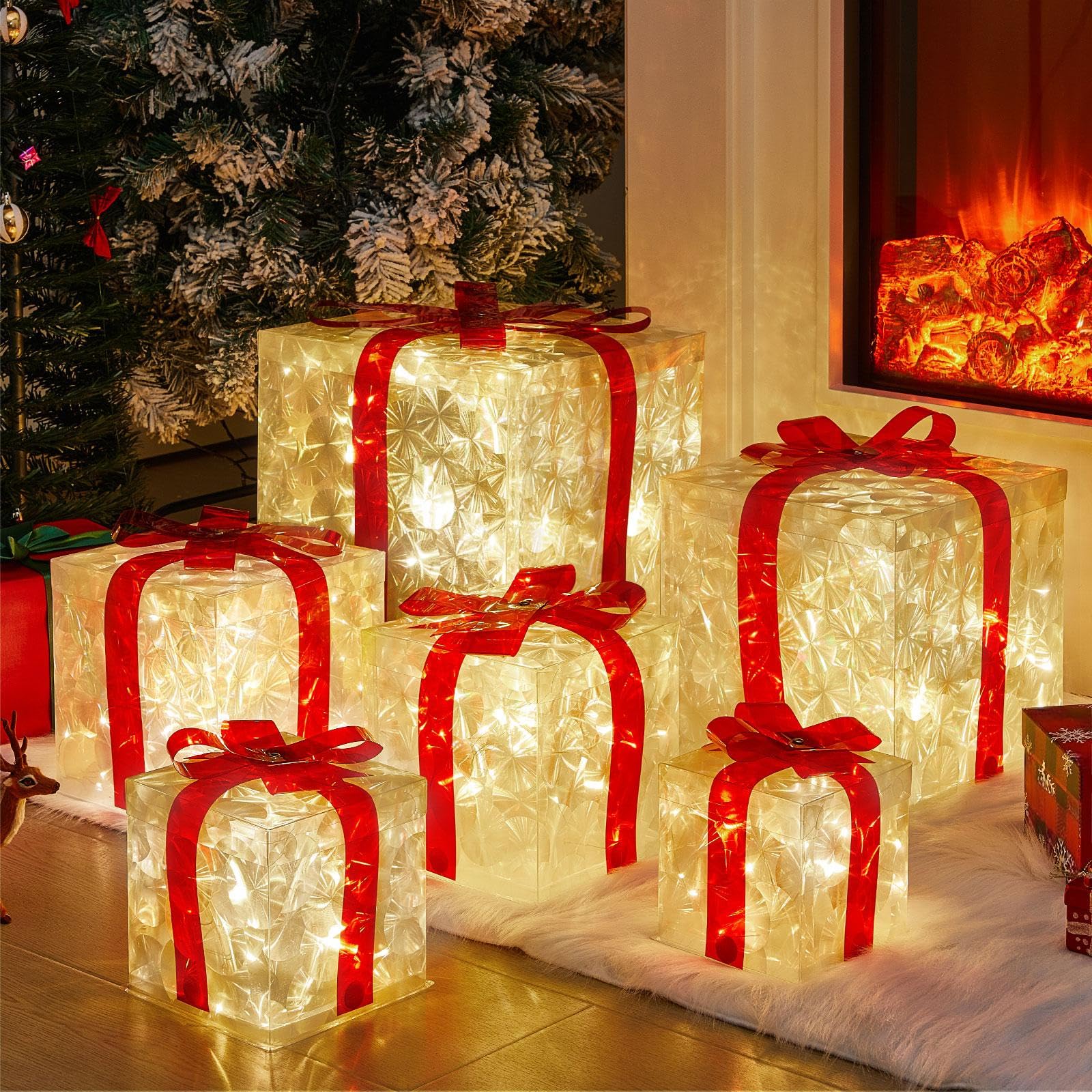 Kigley front view of six lighted gift boxes creating warm holiday ambiance