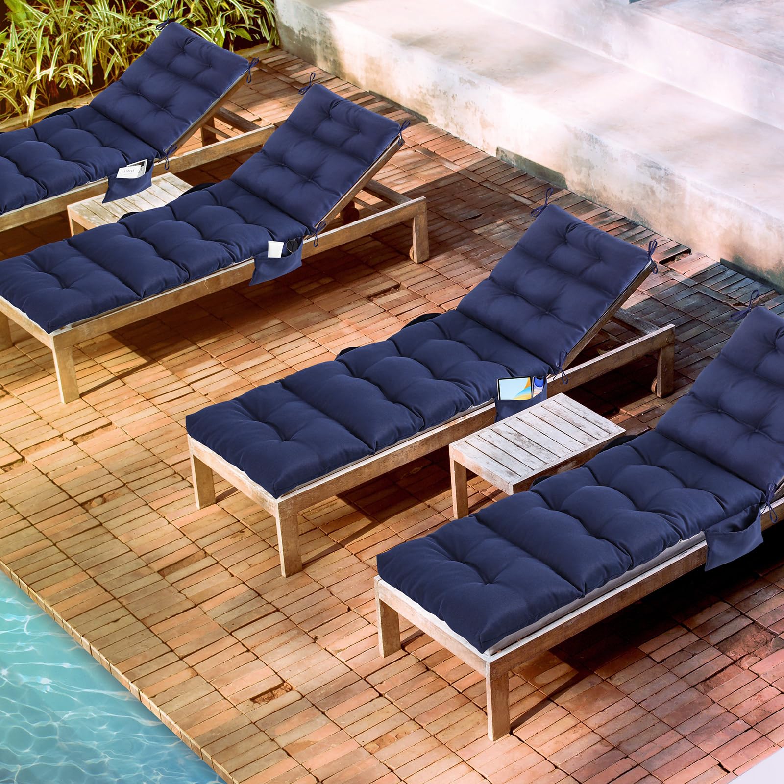 Kigley navy cushion on balcony lounger creating a cozy outdoor seating area