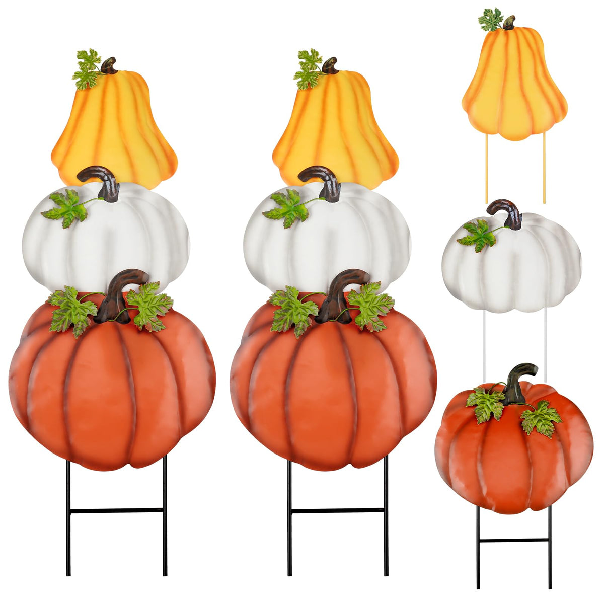 Kigley front view of stacked pumpkin stakes adds instant fall curb appeal