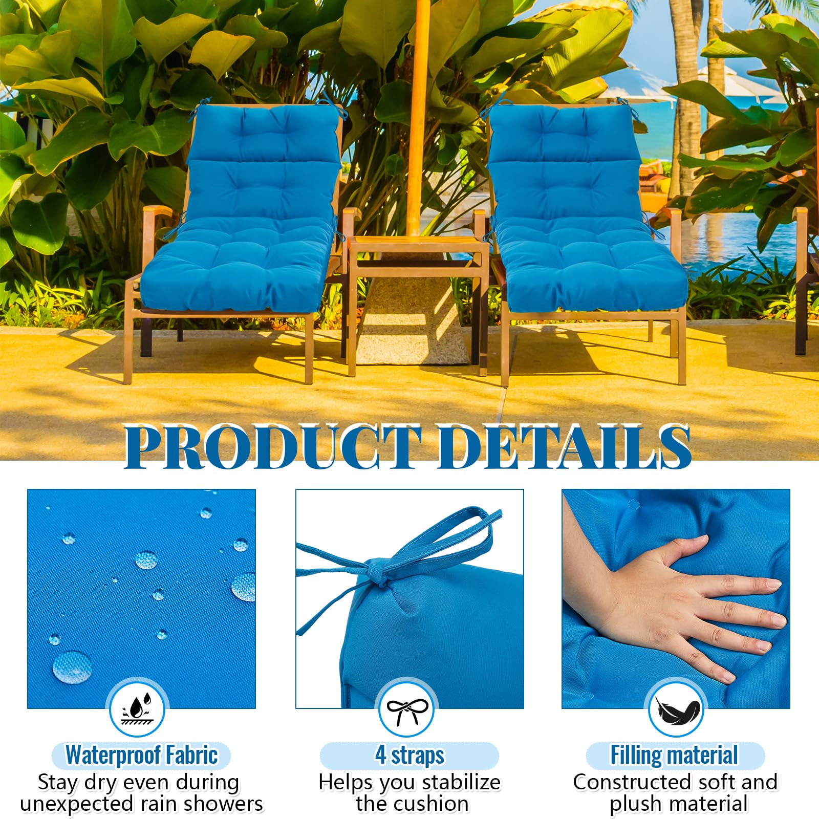 Kigley tied straps attached to chaise demonstrating secure fit benefit