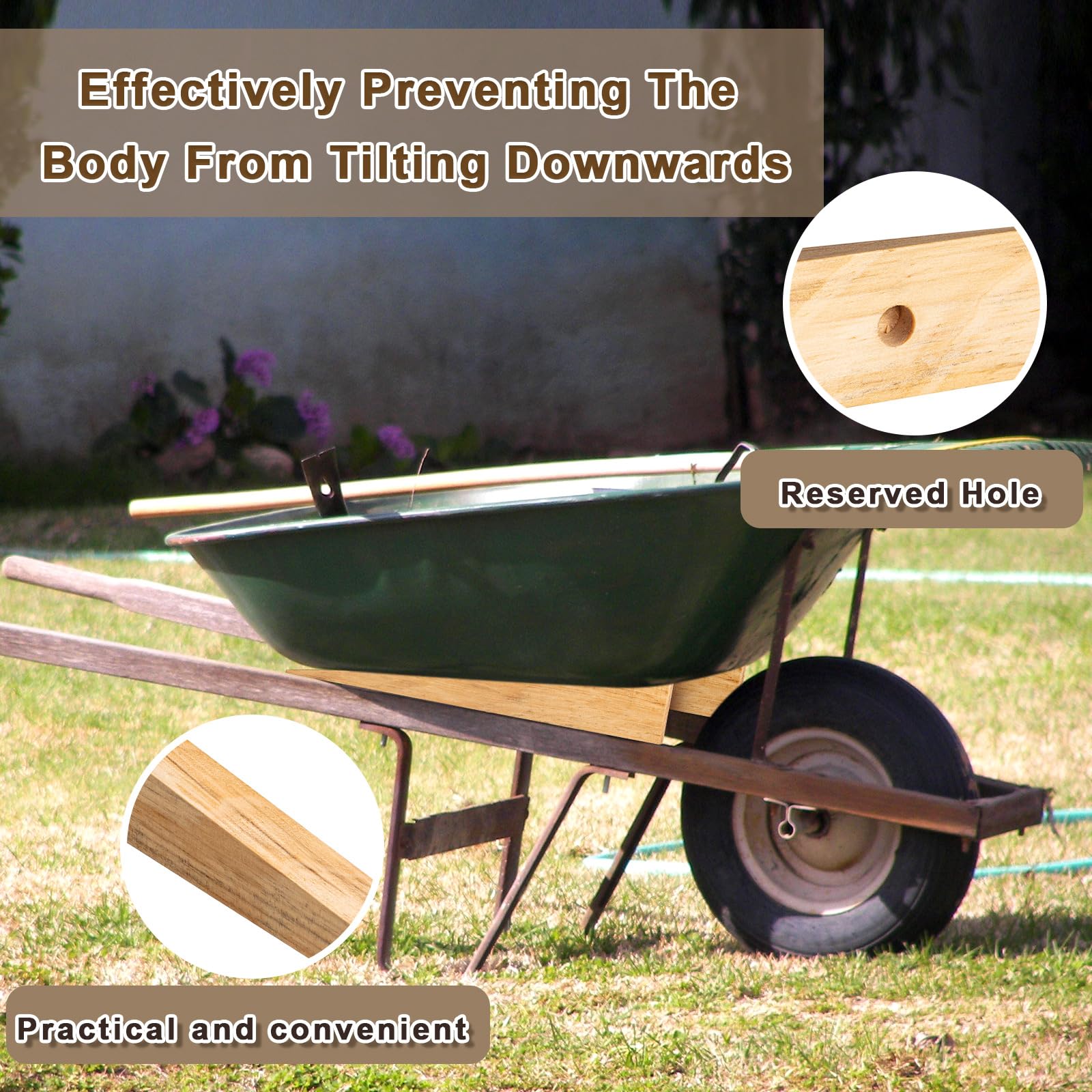 Kigley wedge placed under a wheelbarrow wheel demonstrating stable wheel stop