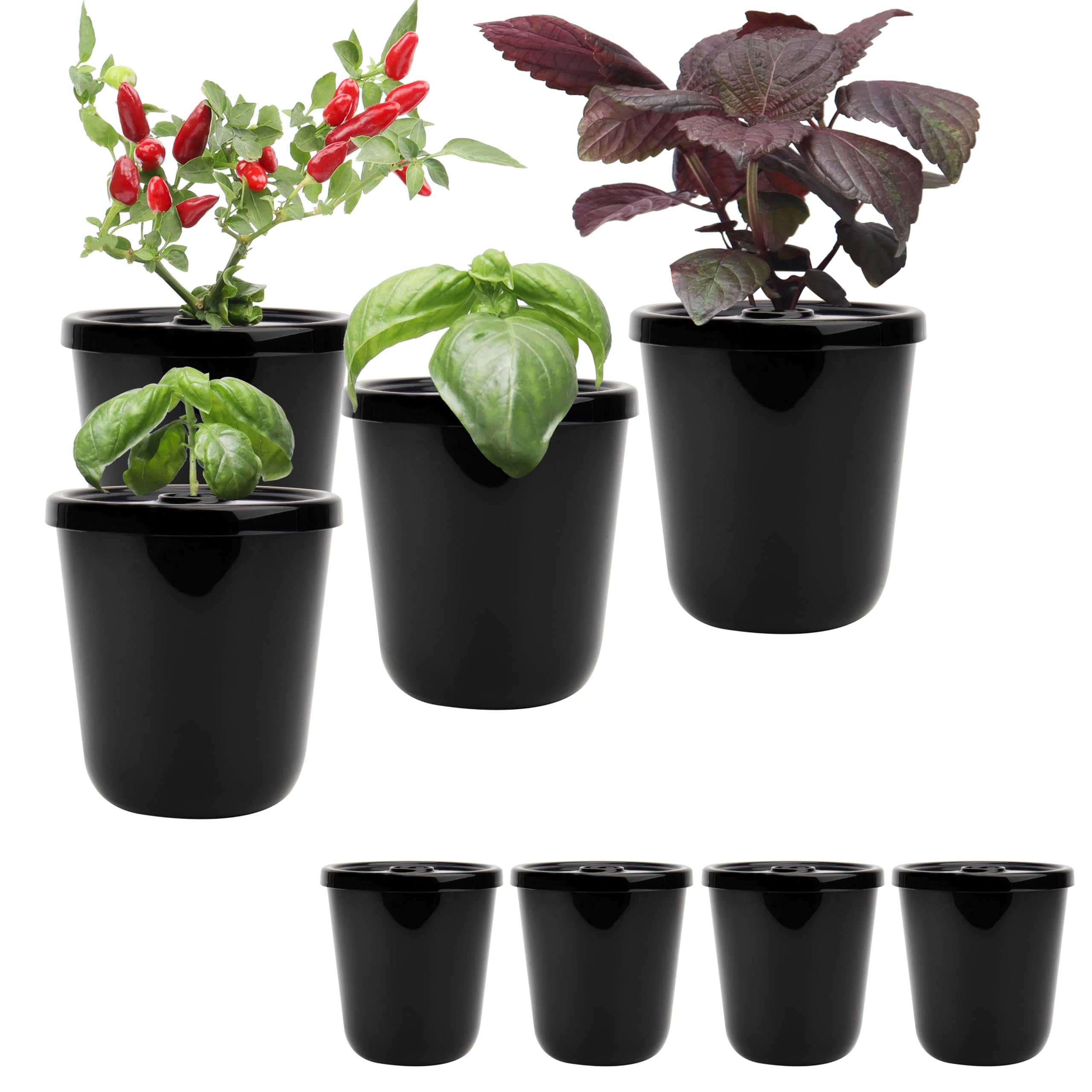 Kiicii front view of eight black Kratky buckets showing compact kit and portability benefit