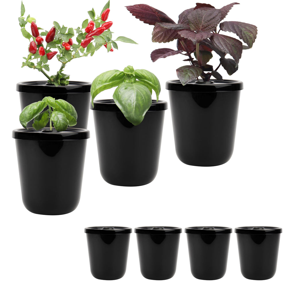 Kiicii front view of eight black Kratky buckets showing compact kit and portability benefit