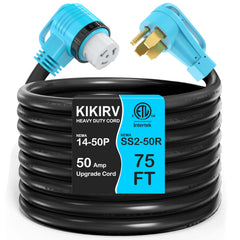 KIKIRV front NEMA 14-50P plug showing durable construction and secure connection benefit