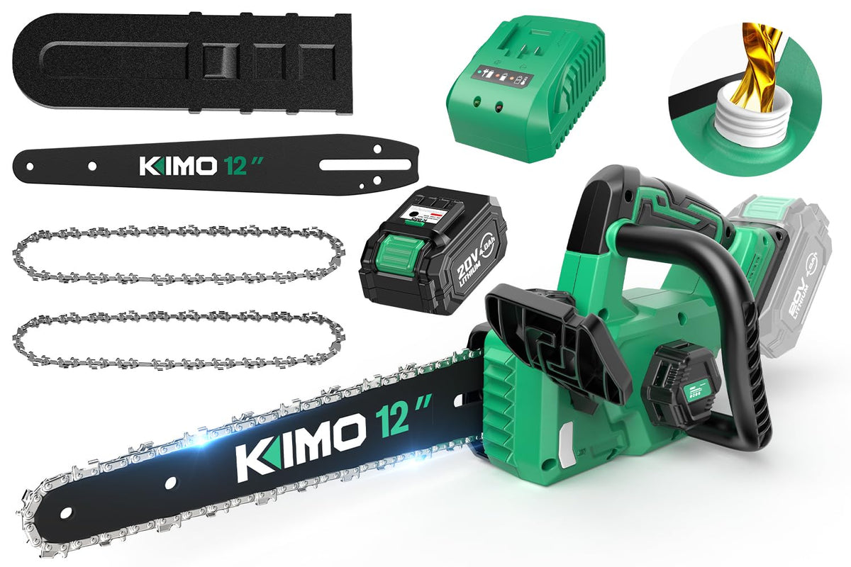 KIMO chainsaw front view showing compact design and quick cutting benefit