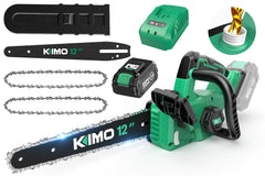 KIMO chainsaw front view showing compact design and quick cutting benefit