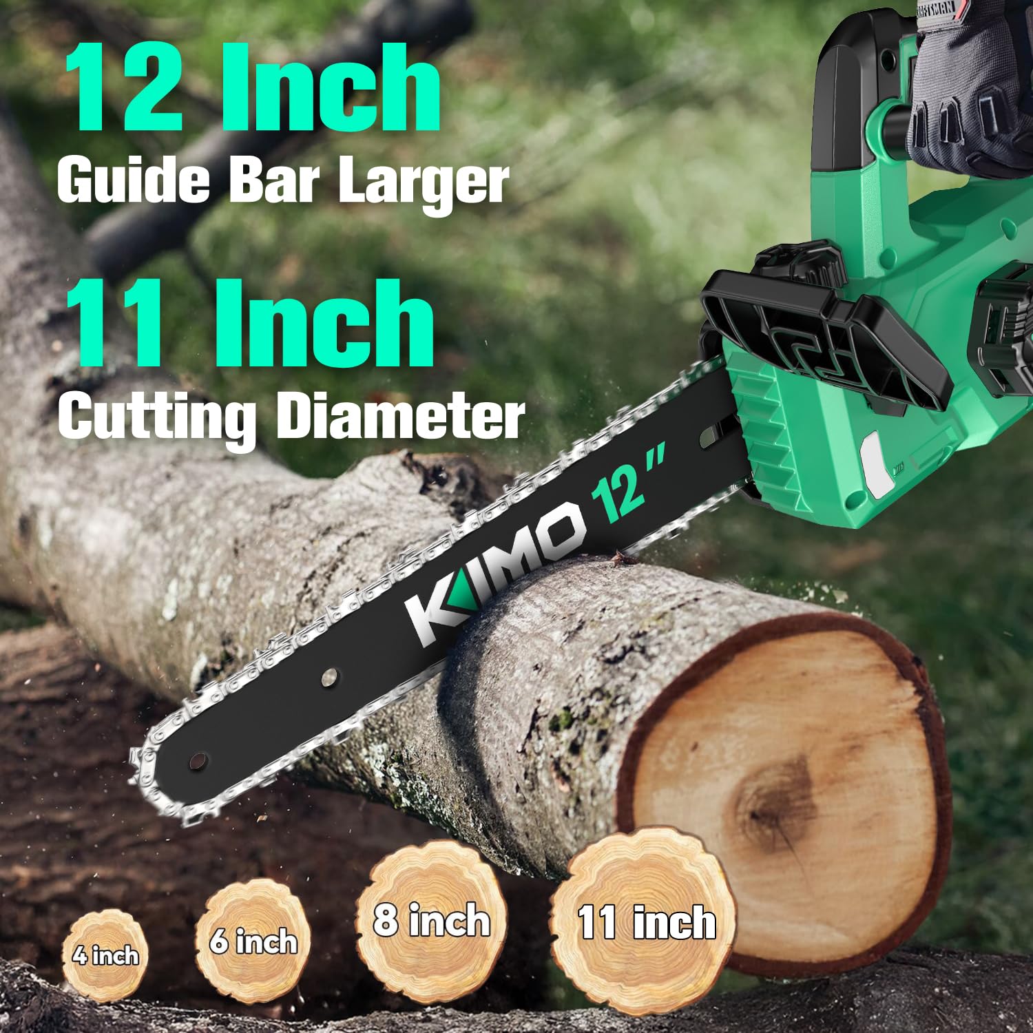 KIMO chainsaw side profile with battery attached for balanced portability benefit