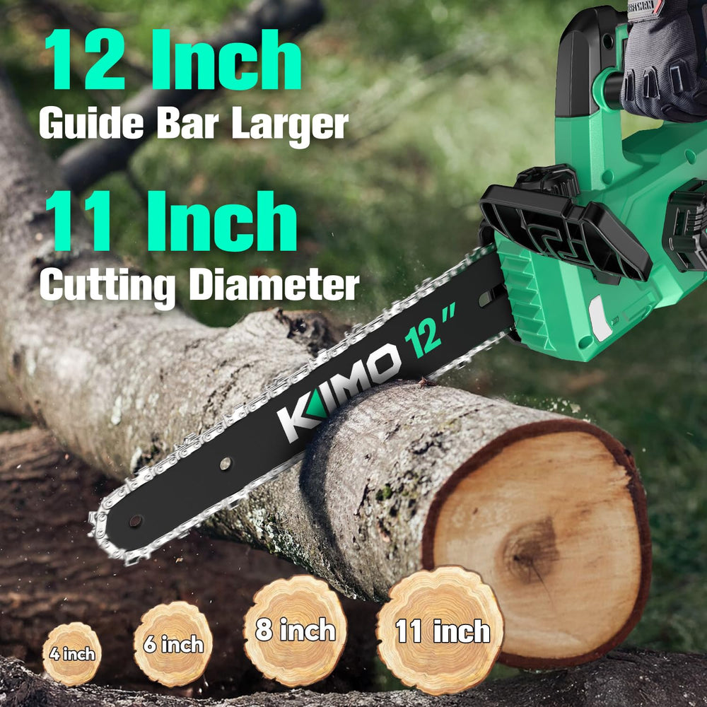 KIMO chainsaw side profile with battery attached for balanced portability benefit