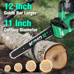 KIMO chainsaw side profile with battery attached for balanced portability benefit
