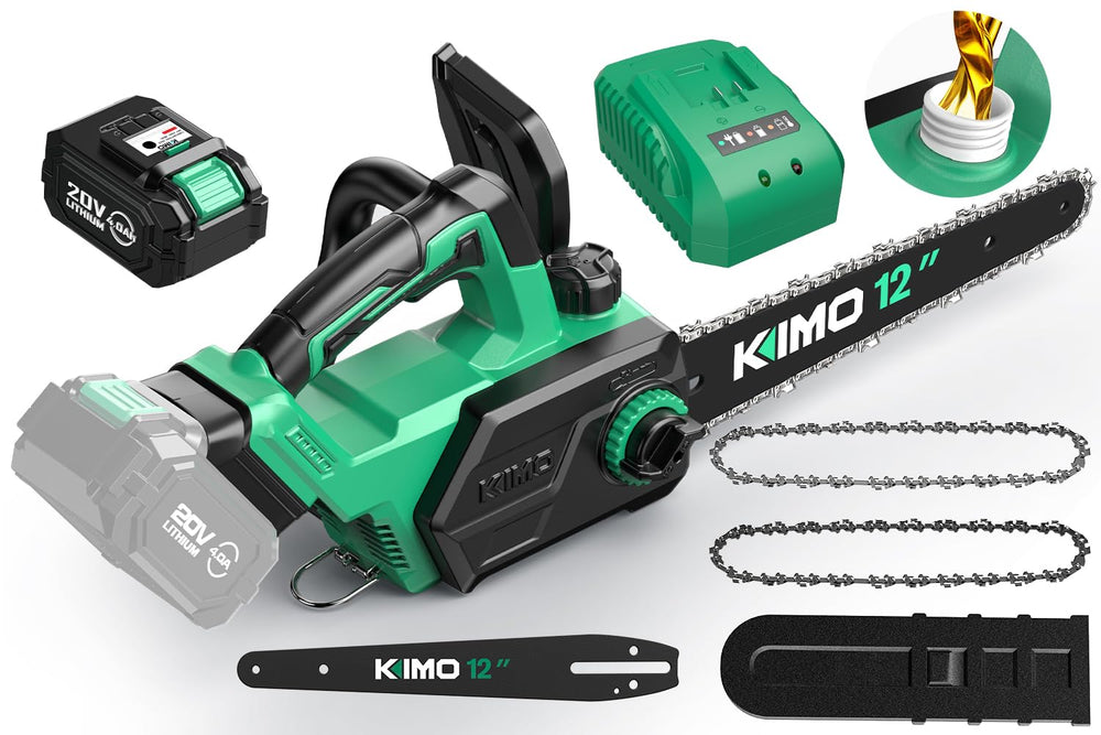 KIMO chainsaw next to ruler showing 12-inch bar for scale and capacity benefit