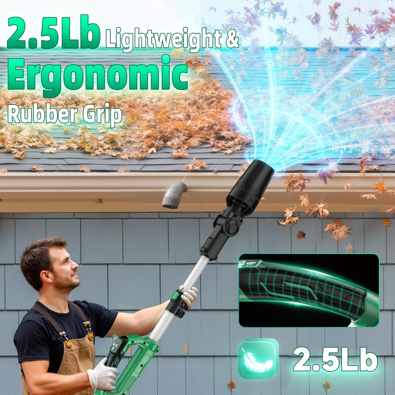 KIMO blower in use on driveway clearing leaves, speeds up outdoor cleanup