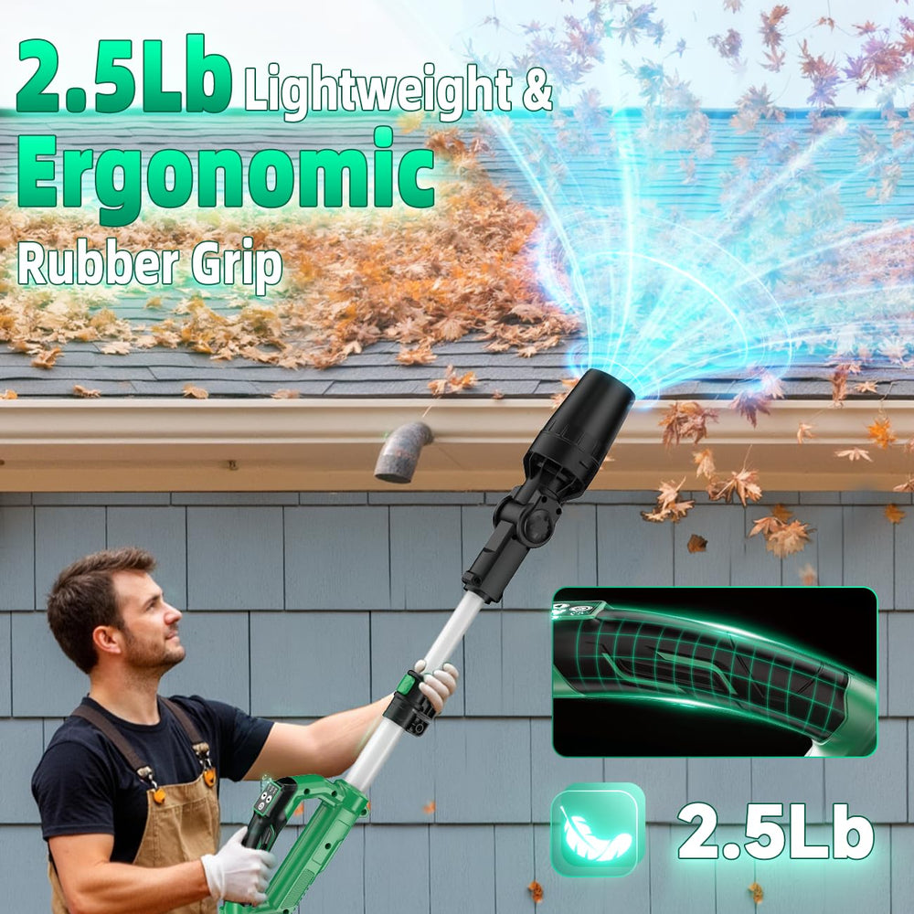 KIMO blower in use on driveway clearing leaves, speeds up outdoor cleanup