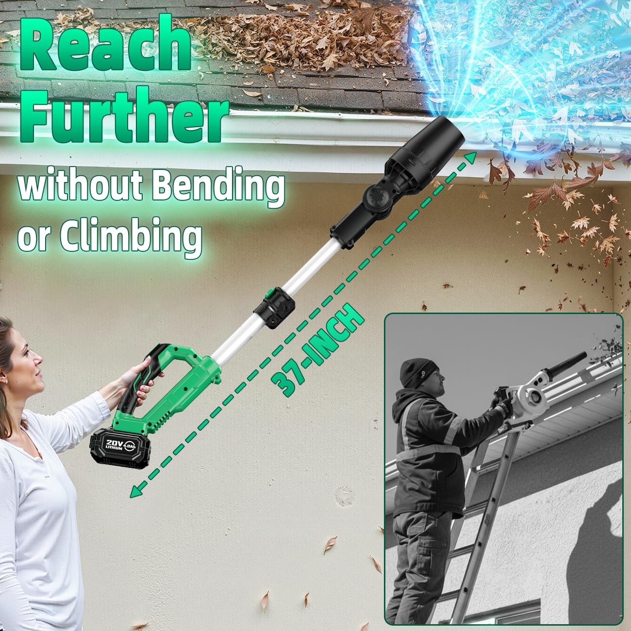 KIMO in use cleaning gutters demonstrating safe elevated access