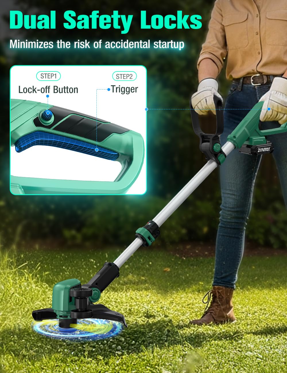 KIMO trimmer in use on grass illustrating precise cuts and quiet operation