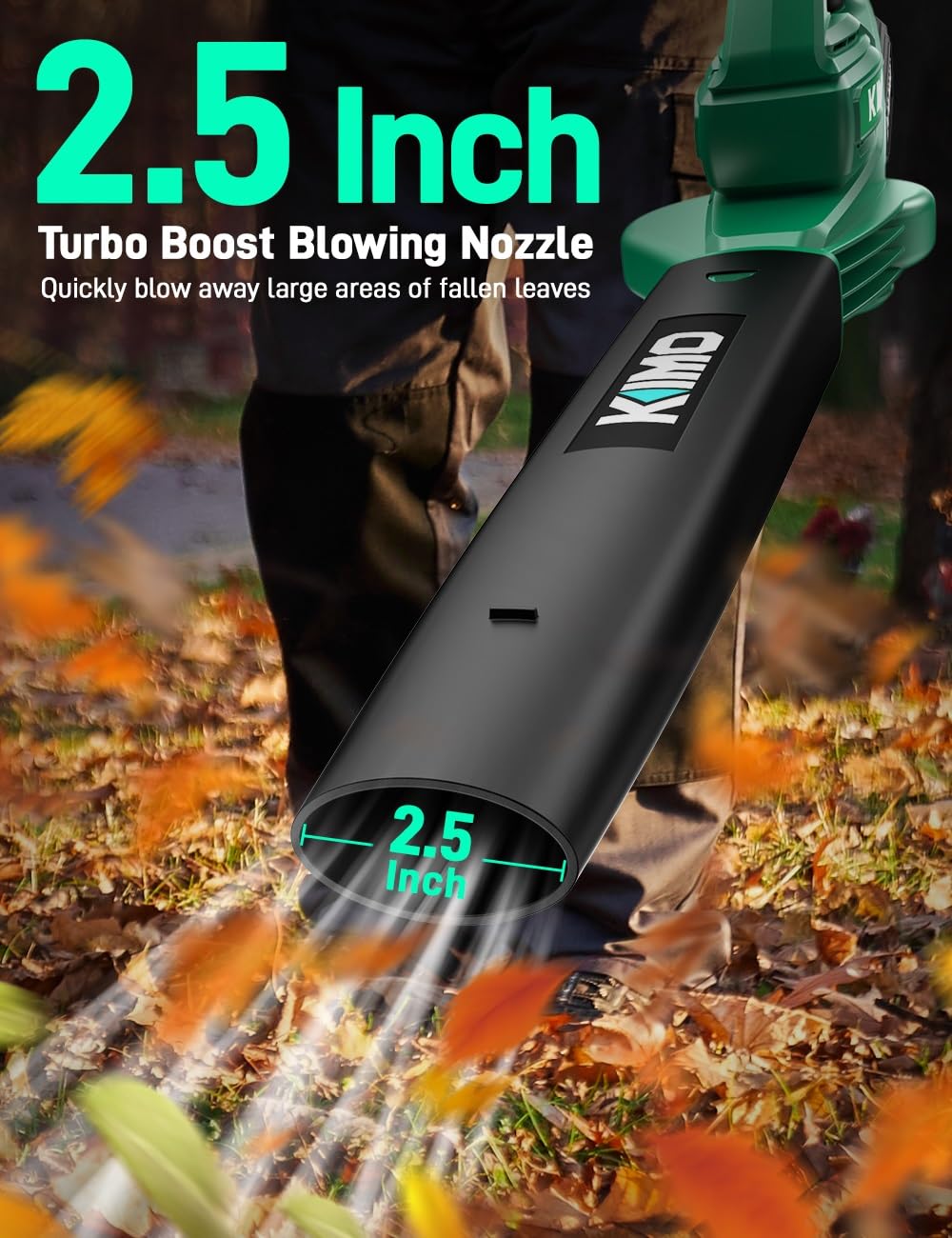 KIMO blower in use clearing leaves on lawn, demonstrating cordless mobility benefit