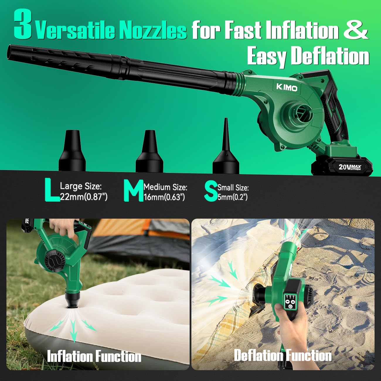 KIMO three inflation nozzles laid out for versatile valve compatibility
