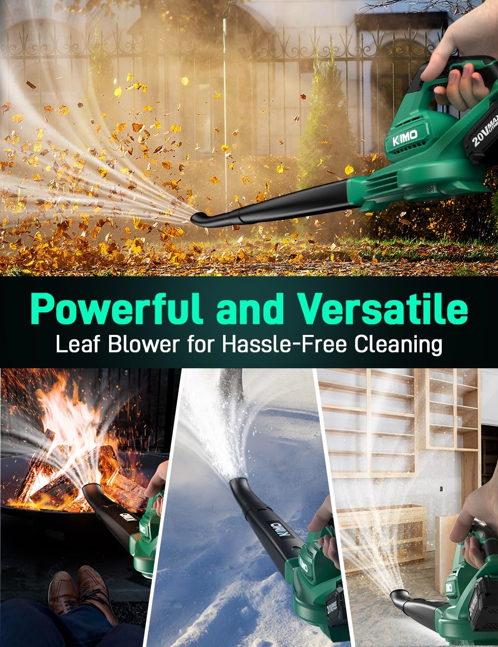 KIMO lifestyle shot on a deck removing dust and leaves for tidy outdoor spaces