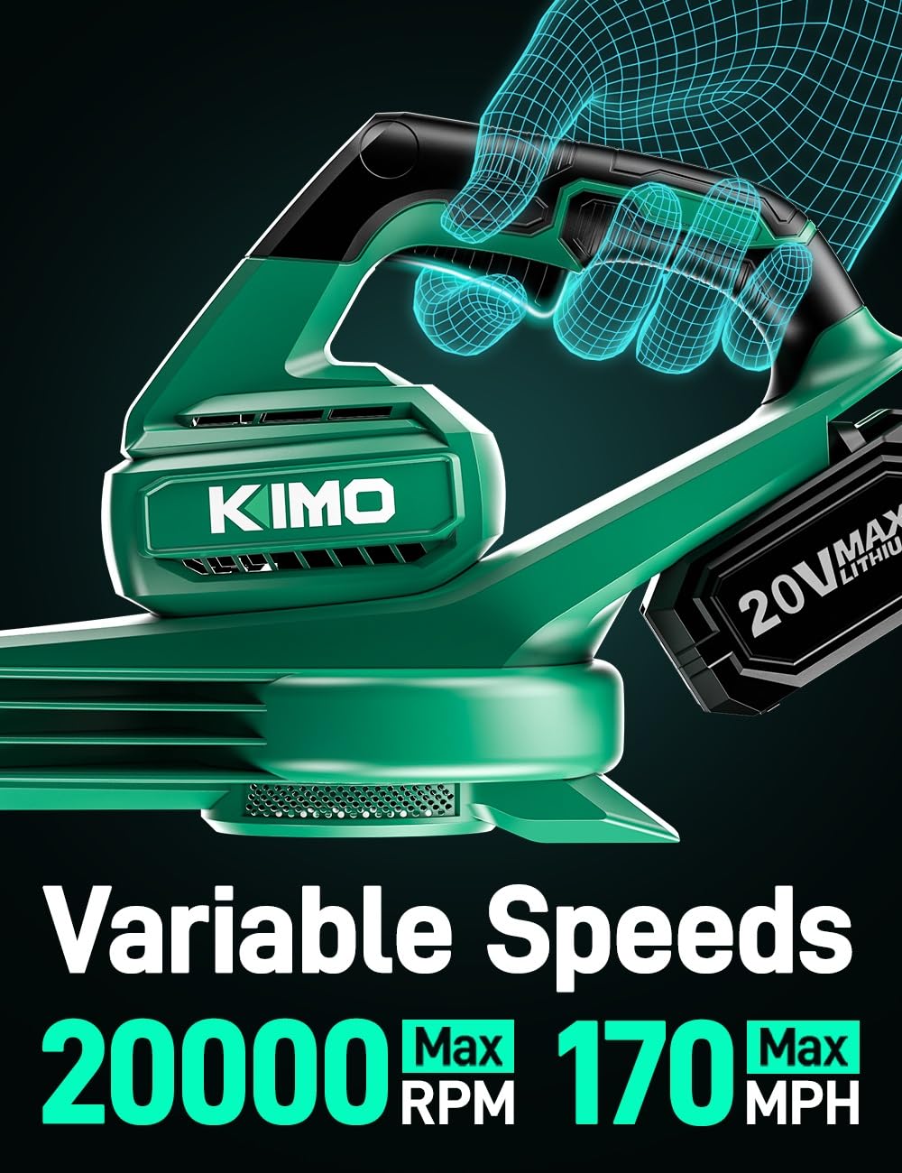 KIMO close-up of large two-inch nozzle for wider airflow and faster clearing
