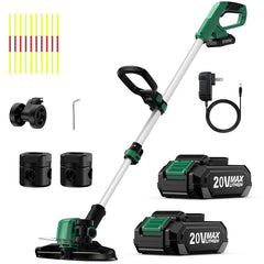KIMO weed wacker front view showing battery and wheels for easy edging