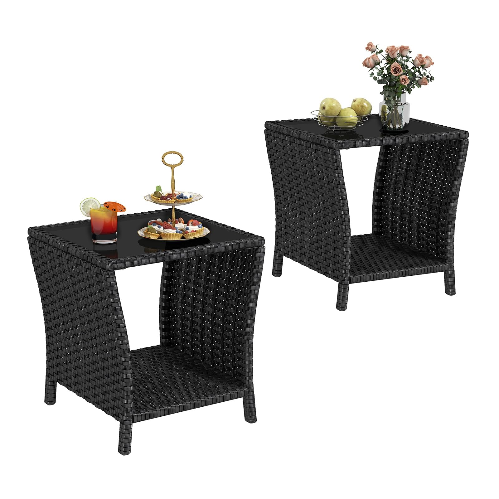kinbor front view of both black side tables showing compact footprint and style