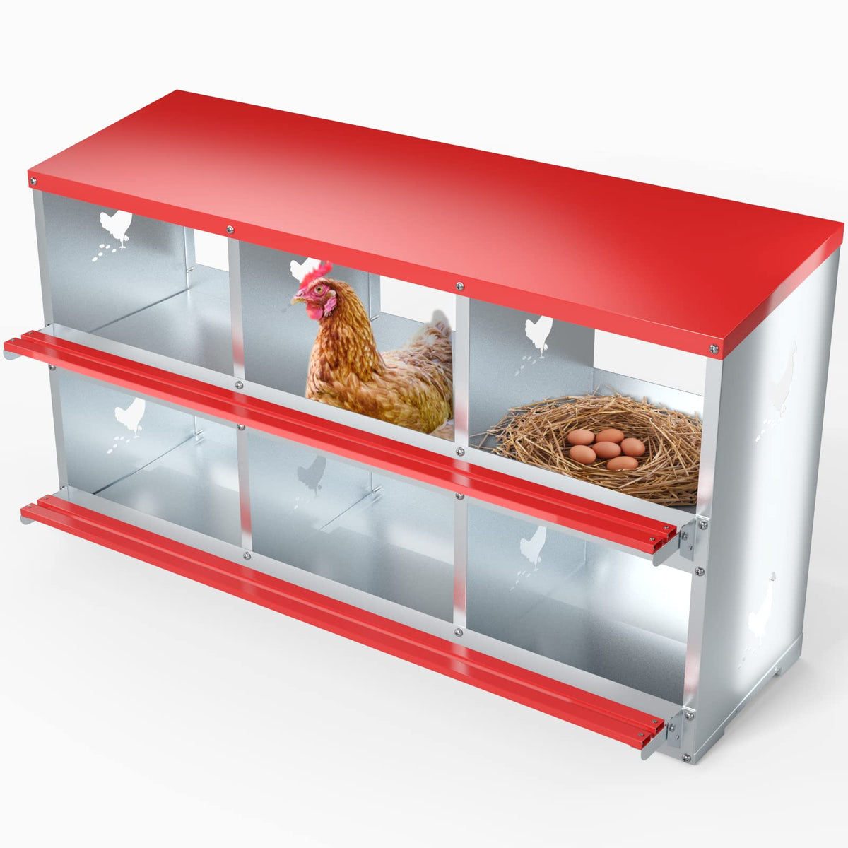Kinchoix front view of six-compartment nest box showing organized egg bays for easier collection