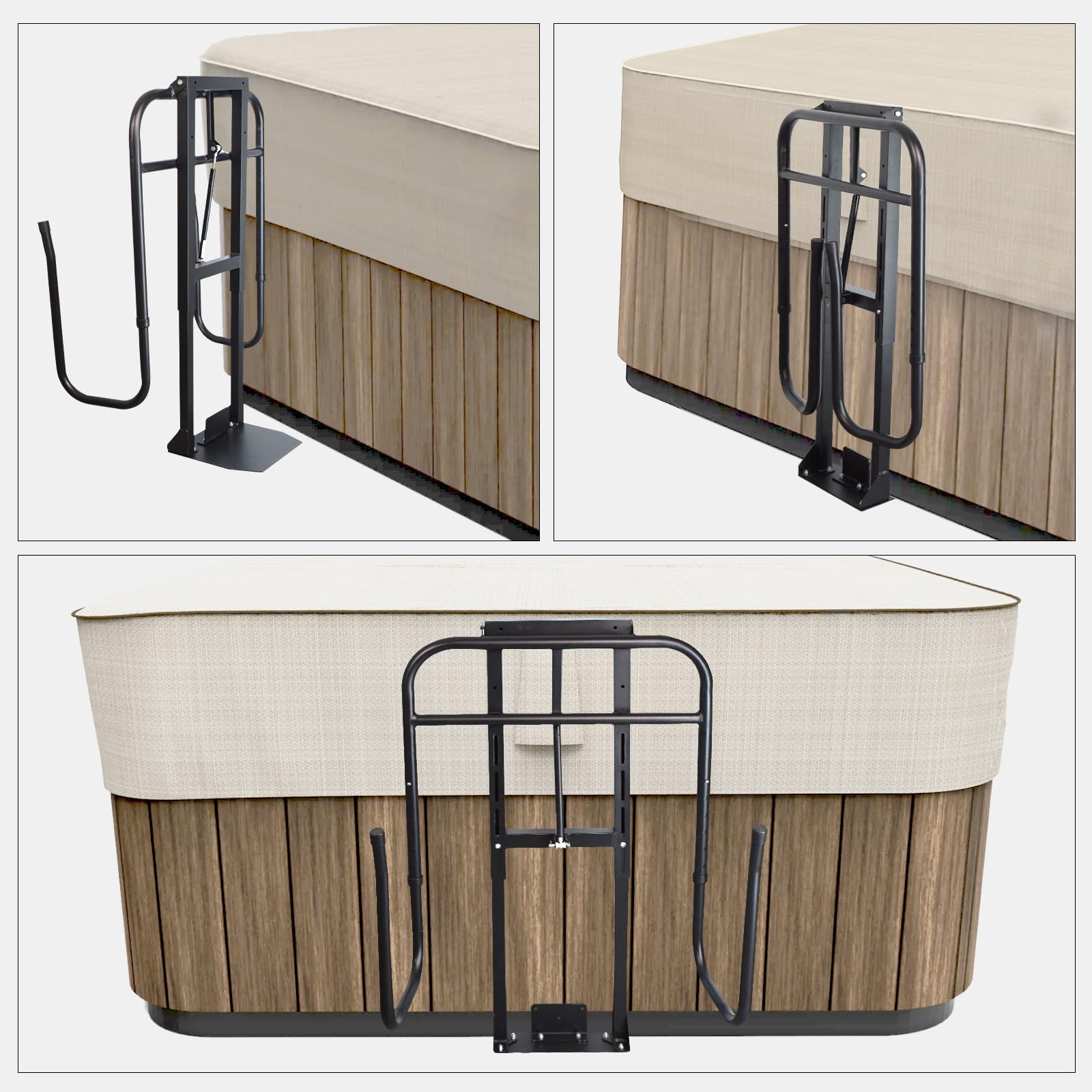 Kinchoix lift installed on outdoor hot tub showing neat folded cover storage
