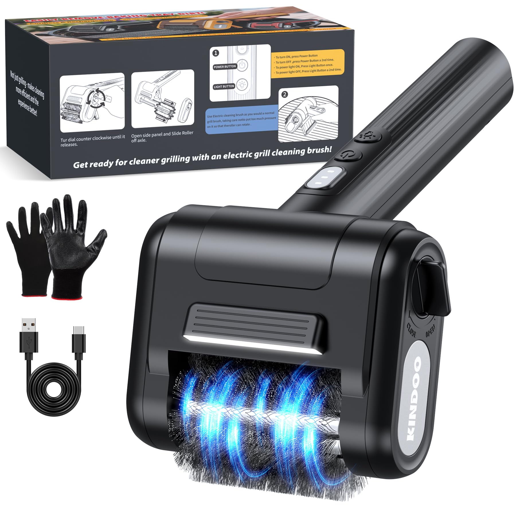 Kindoo front view showing cordless grill brush design and ergonomic benefit