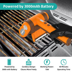 Kindoo in hand cleaning grill grates, showcases fast grease removal benefit