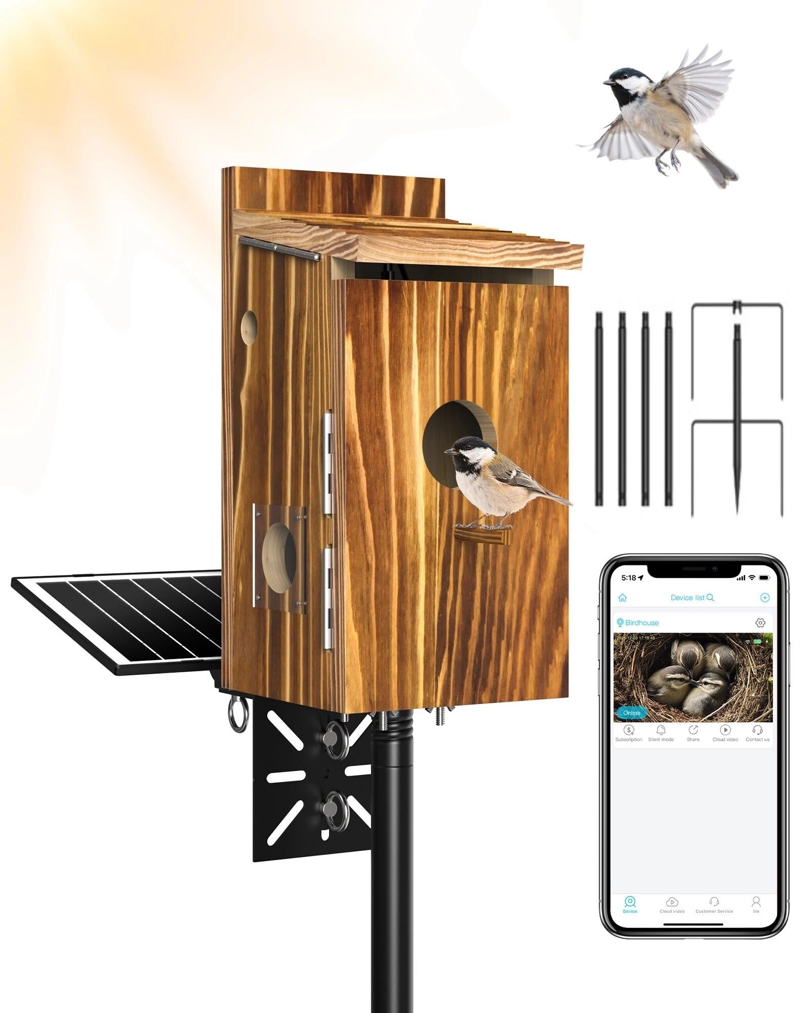 KinetCam bird house front view showing entrance and natural finish with clear monitoring