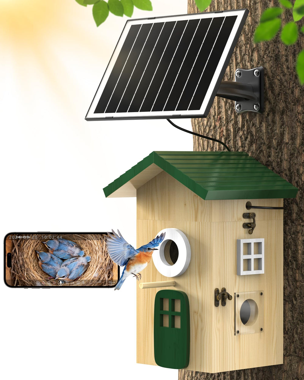 KinetCam front view showing wooden birdhouse and camera lens, enhances backyard monitoring