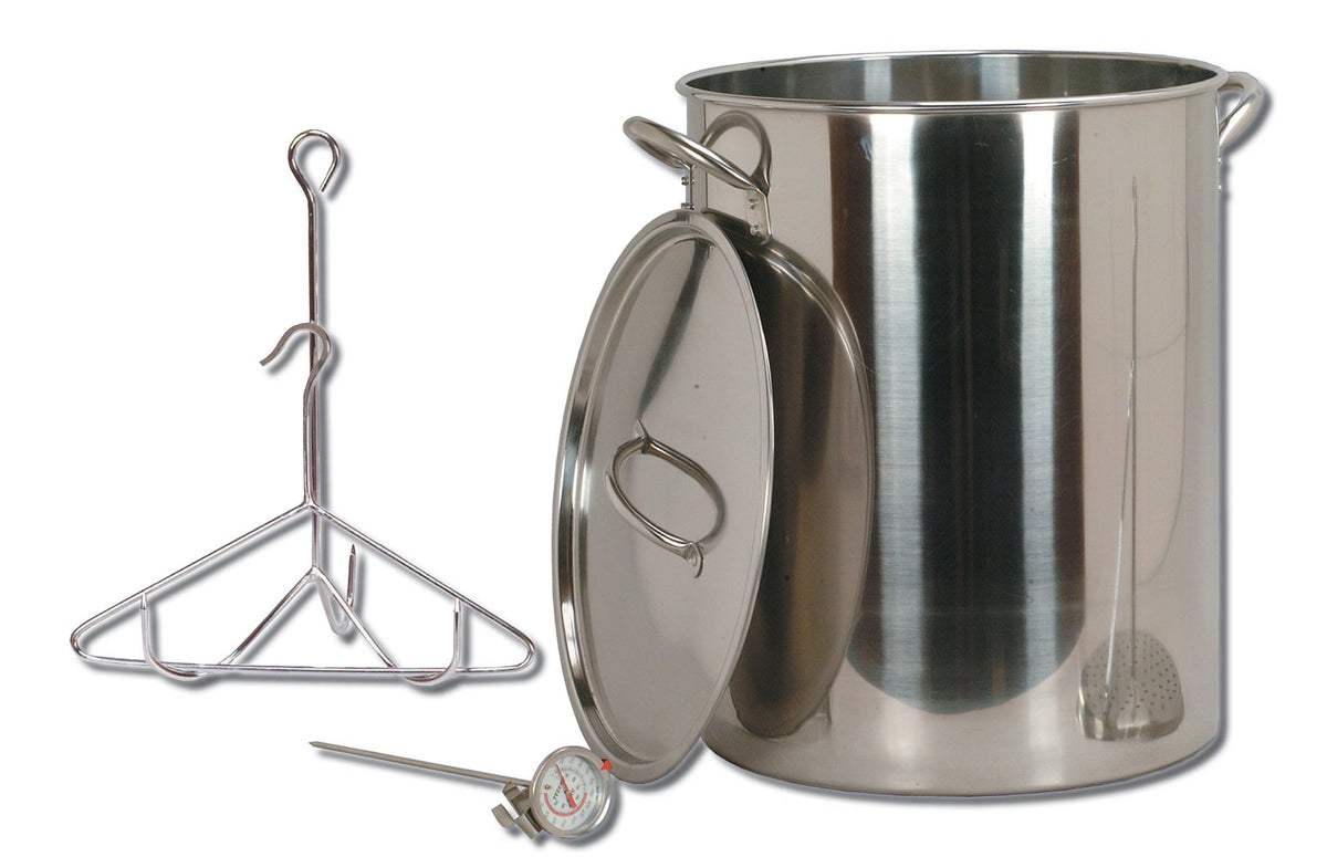 King Kooker front view 30-quart stainless pot showing capacity and lid for safe frying