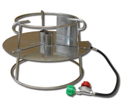 King Kooker assembled with regulator and steel heat shields showing safe, wind-protected operation