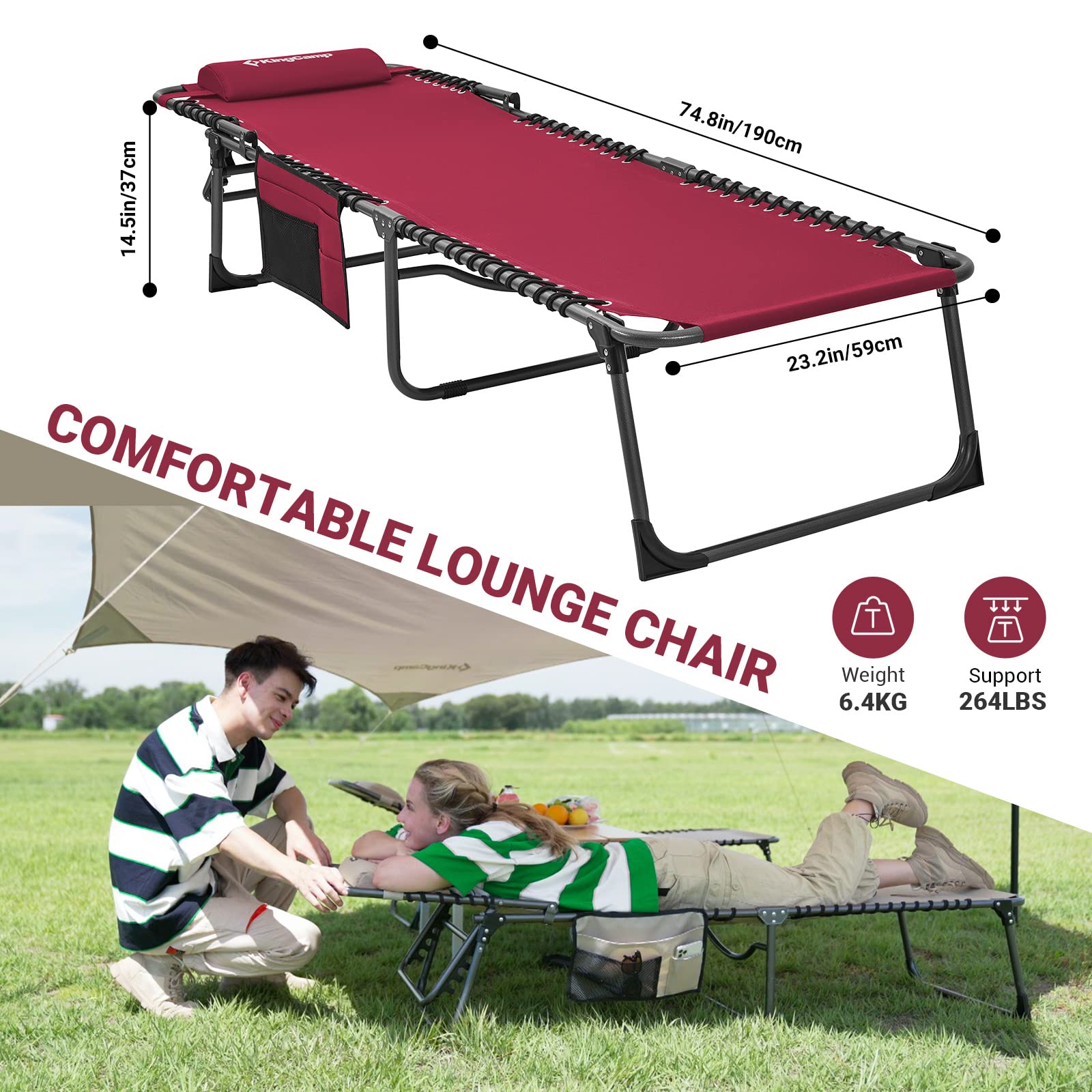 KingCamp folded lounge chair in wine with carry straps for easy transport