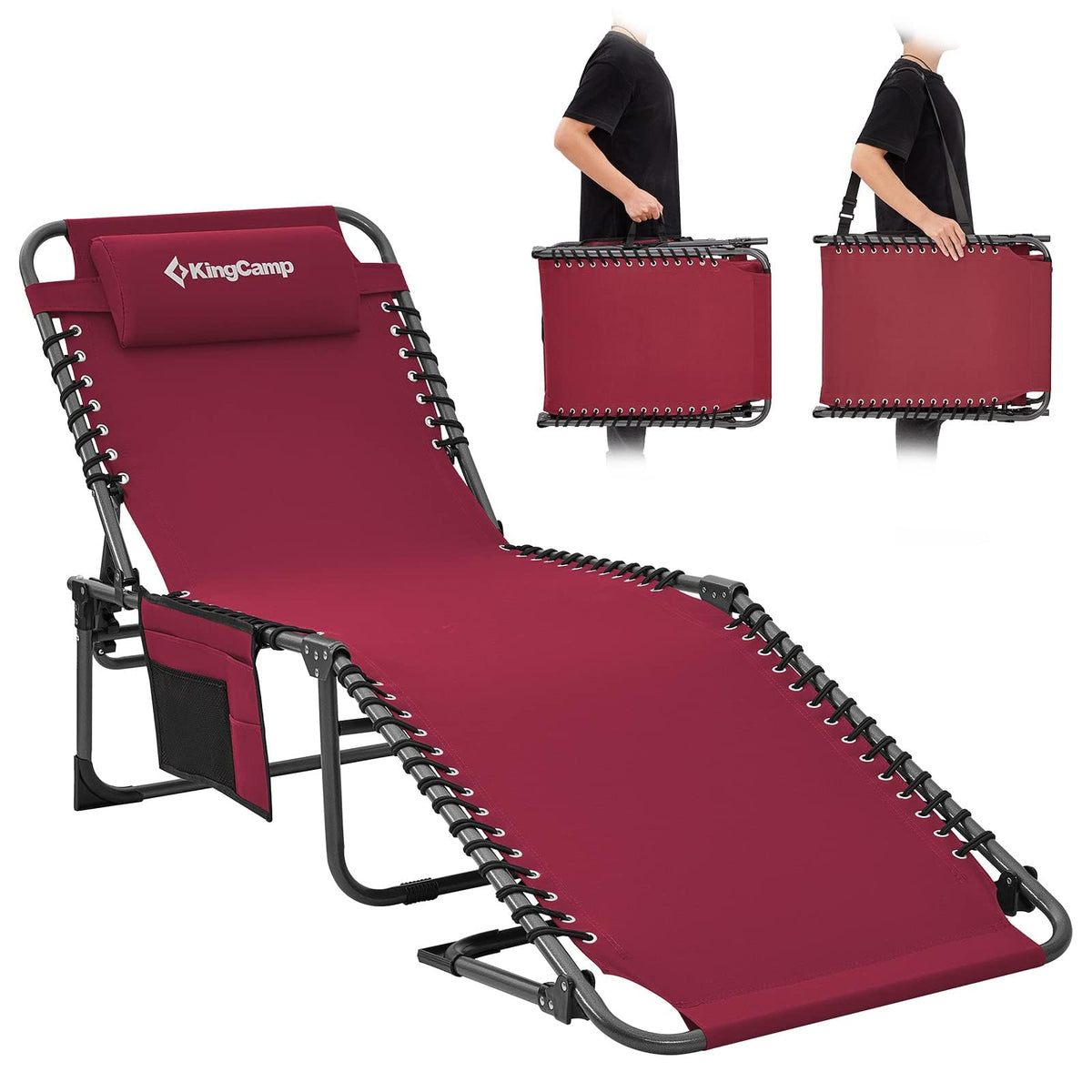 KingCamp front view of lounge chair in wine showing full recline and comfort