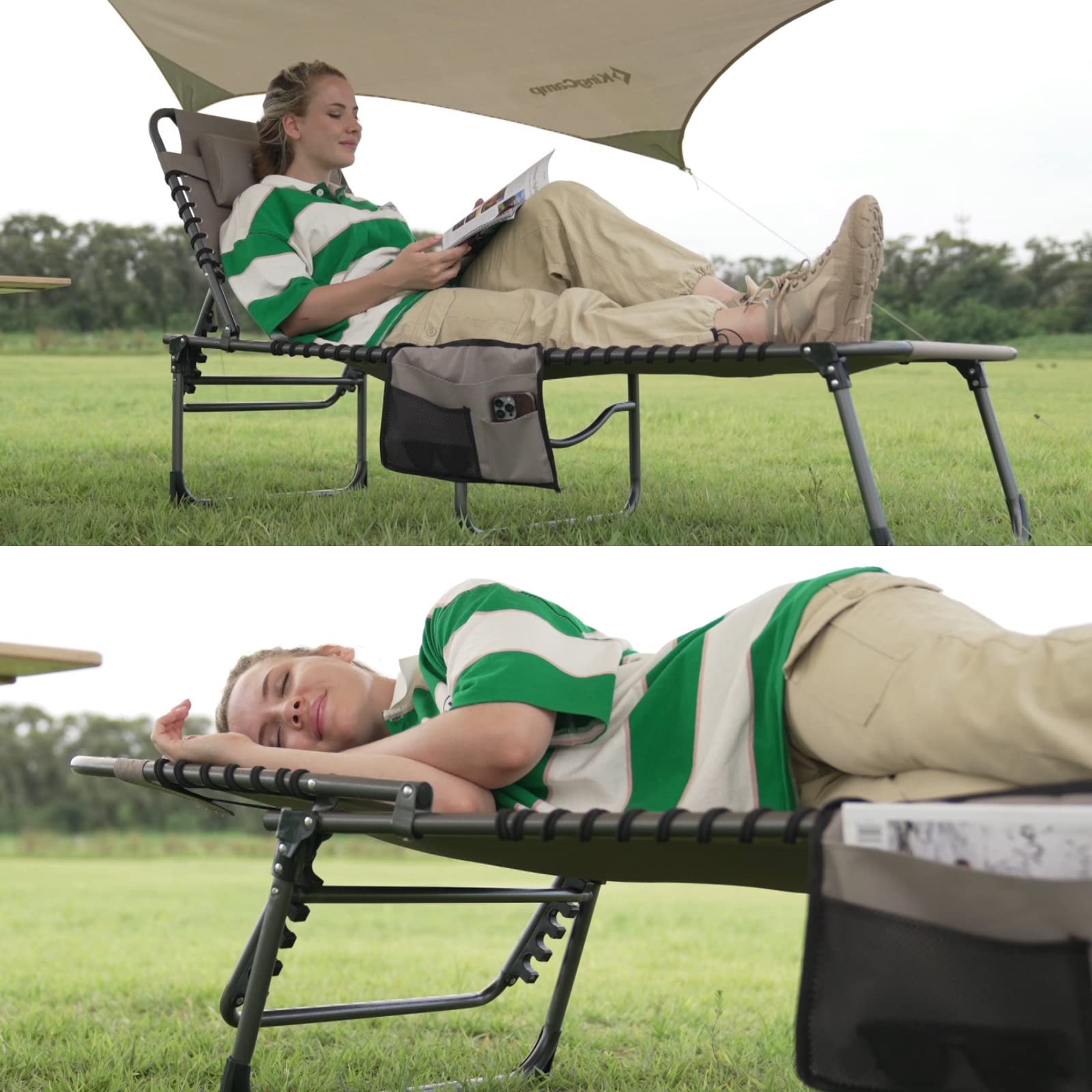 KingCamp lounge chair poolside lifestyle scene showing portable relaxation and quick setup
