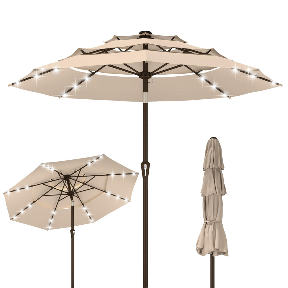 Kingdura front view of beige 10ft umbrella showing full shade coverage and outdoor comfort
