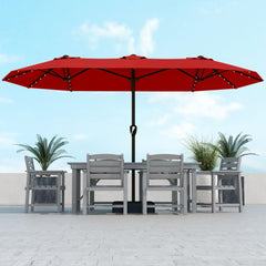 Kingdura front view of double-sided umbrella showing wide shaded area and benefit of full coverage