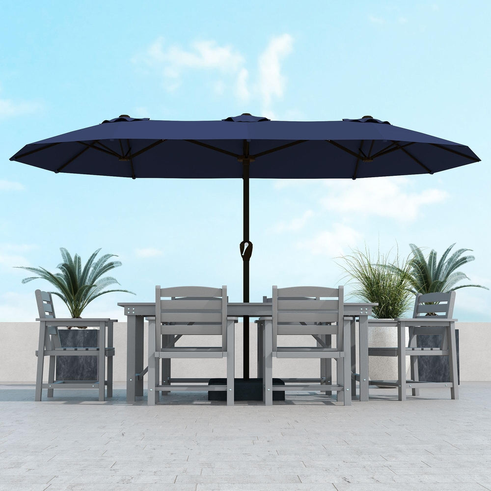Kingdura front view of navy double-sided umbrella showing large shaded area