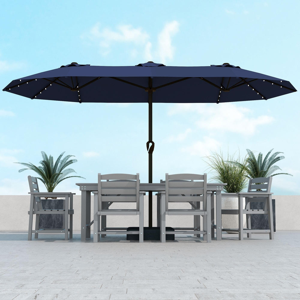 Kingdura front view of full double-sided umbrella showing wide shade and coverage benefit
