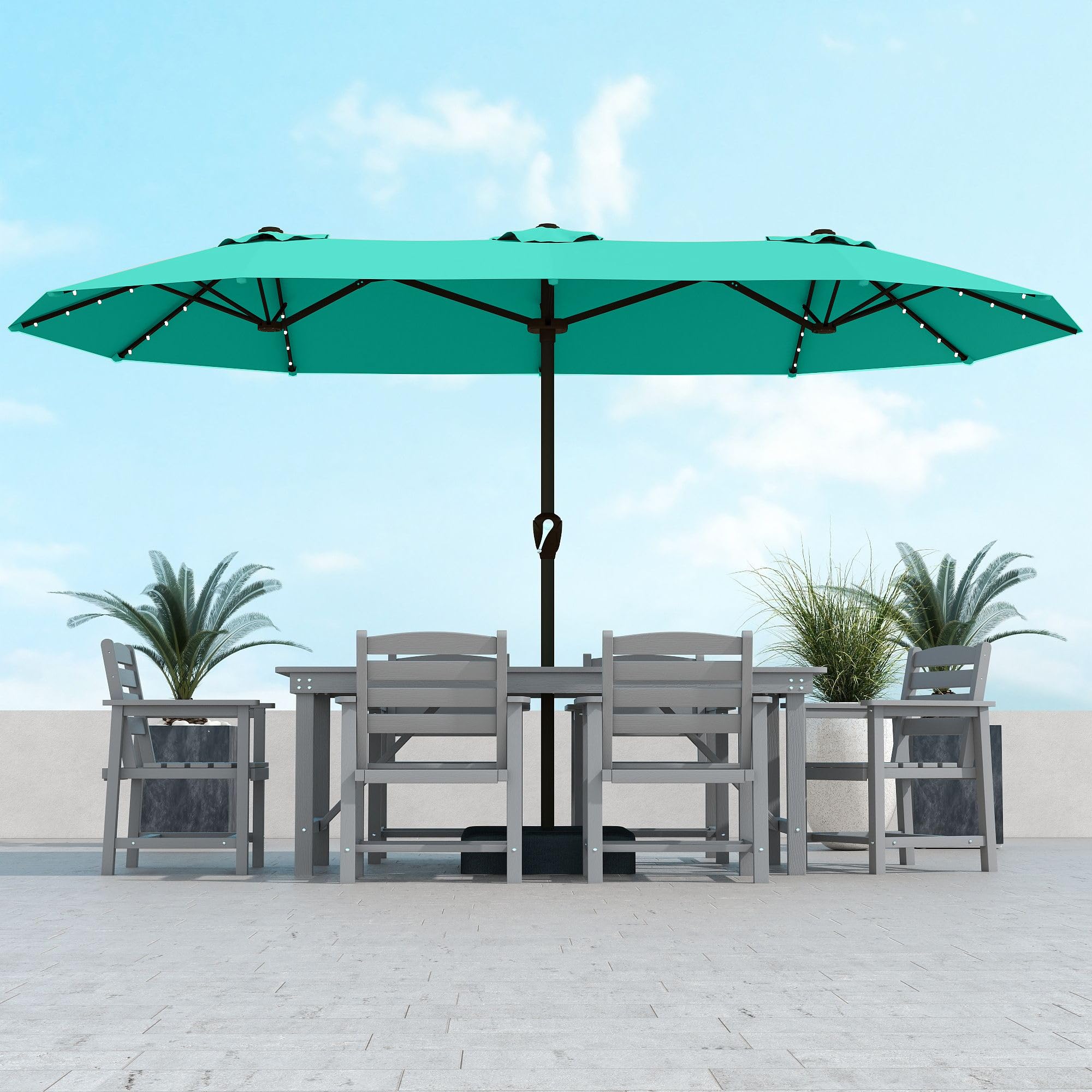 Kingdura front view of tiffany blue umbrella showing large double canopy benefit