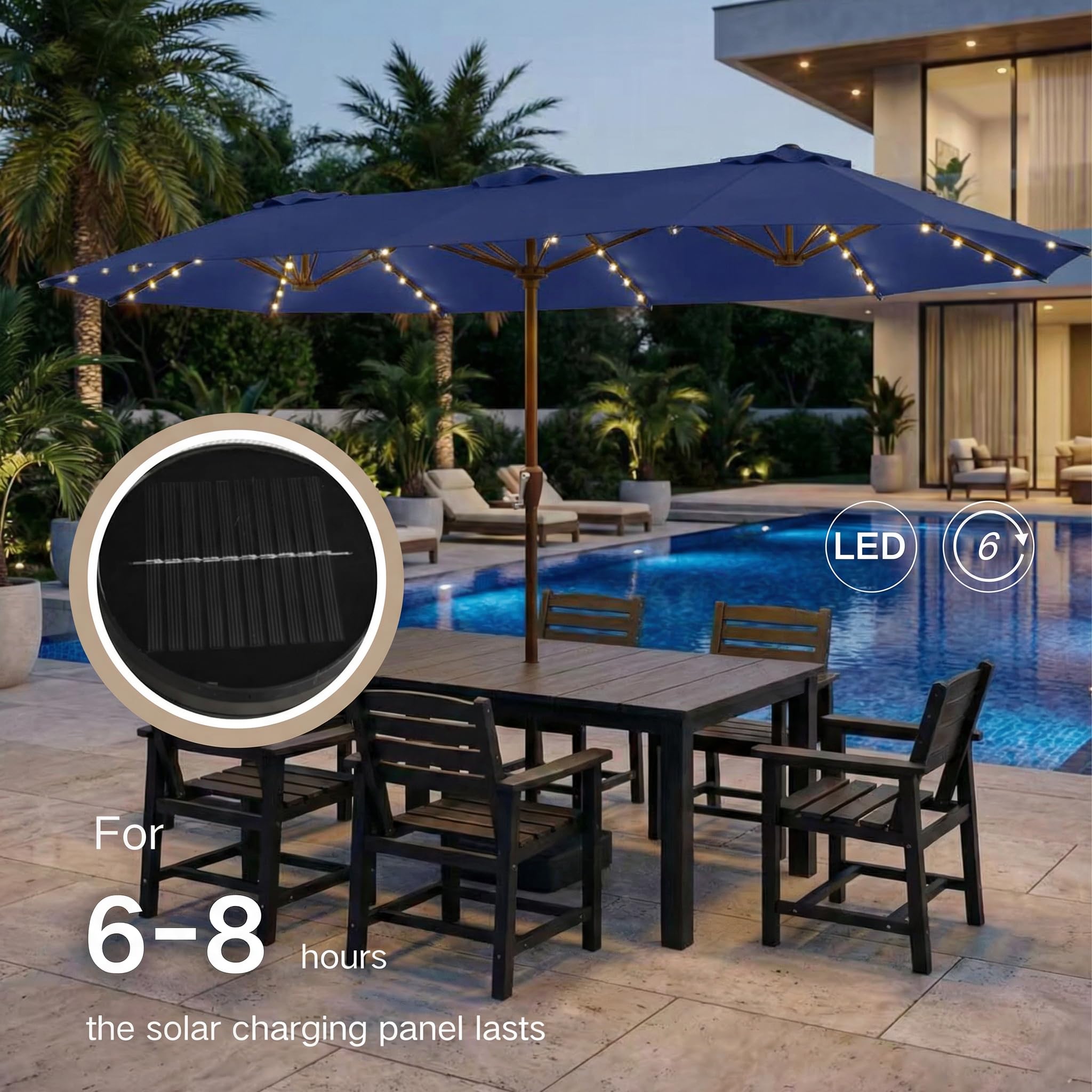 Kingdura full umbrella set up poolside showing ample shade for lounges benefit